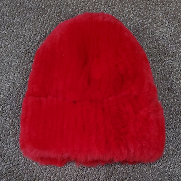 SALE Red Knitted Rex Rabbit Fur Stretch Beanie - Picture 2 of 2